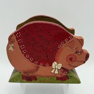 VTG Wooden Pig Napkin Holder Folk‎ Handmade Painted Farm Cottage 1986 Primitive